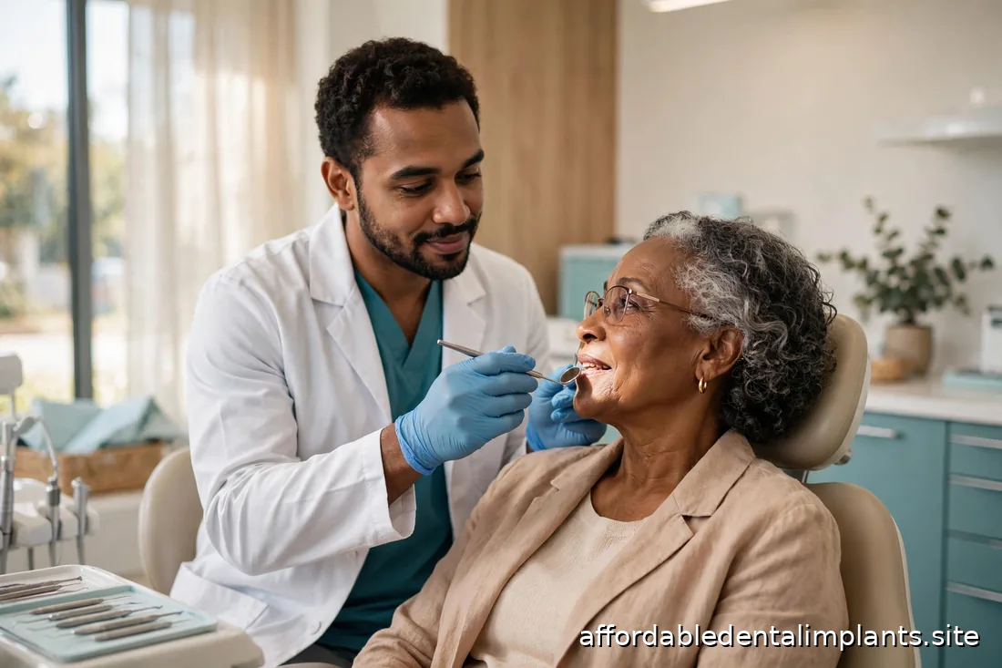 Dentist performing a routine checkup with a senior patient in a bright modern dental office