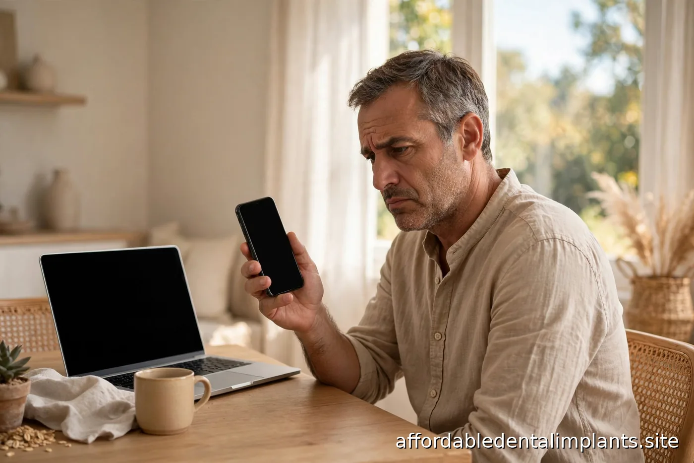 Person holding a smartphone with a skeptical expression in a bright home setting, laptop nearby