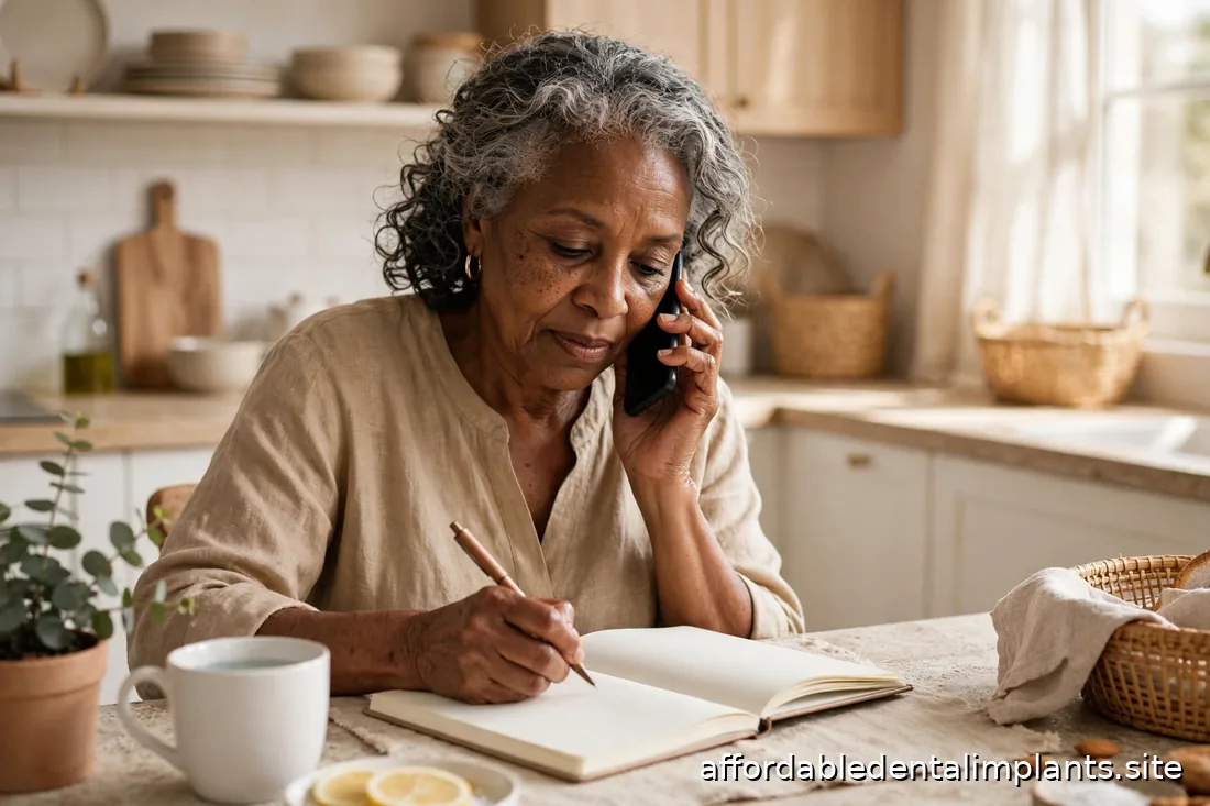 Older adult on the phone taking notes at a kitchen table in warm daylight