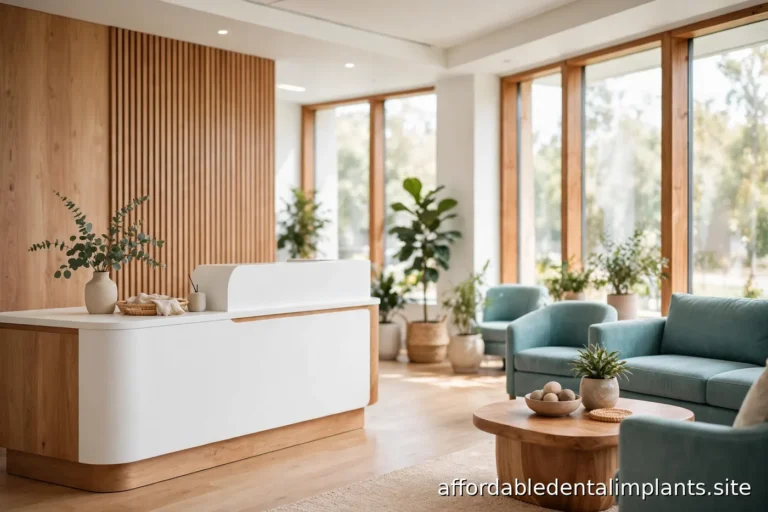 Bright dental office reception area with a consultation desk and daylight, no people close-up