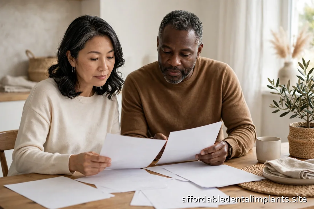 Middle-aged couple reviewing dental treatment paperwork together at a home table