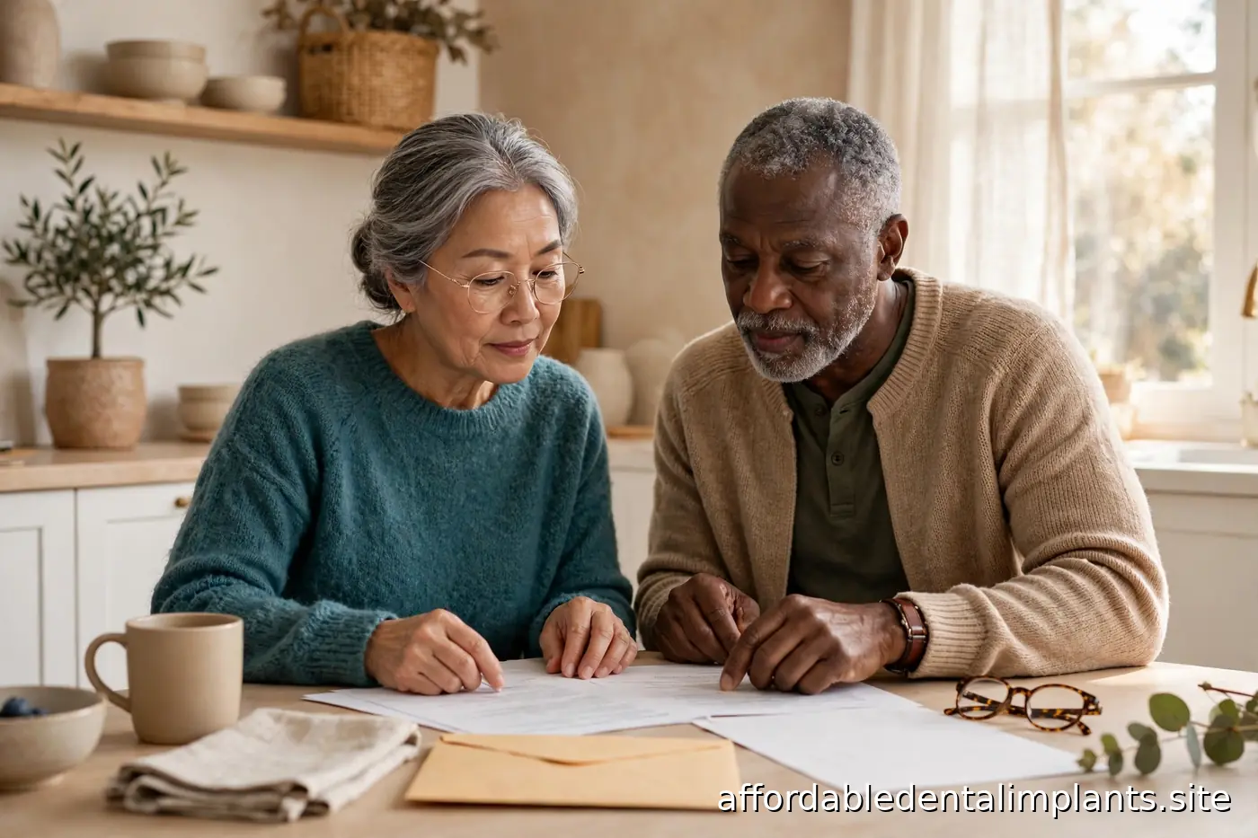 Senior couple reviewing Medicare plan documents together at a bright kitchen table