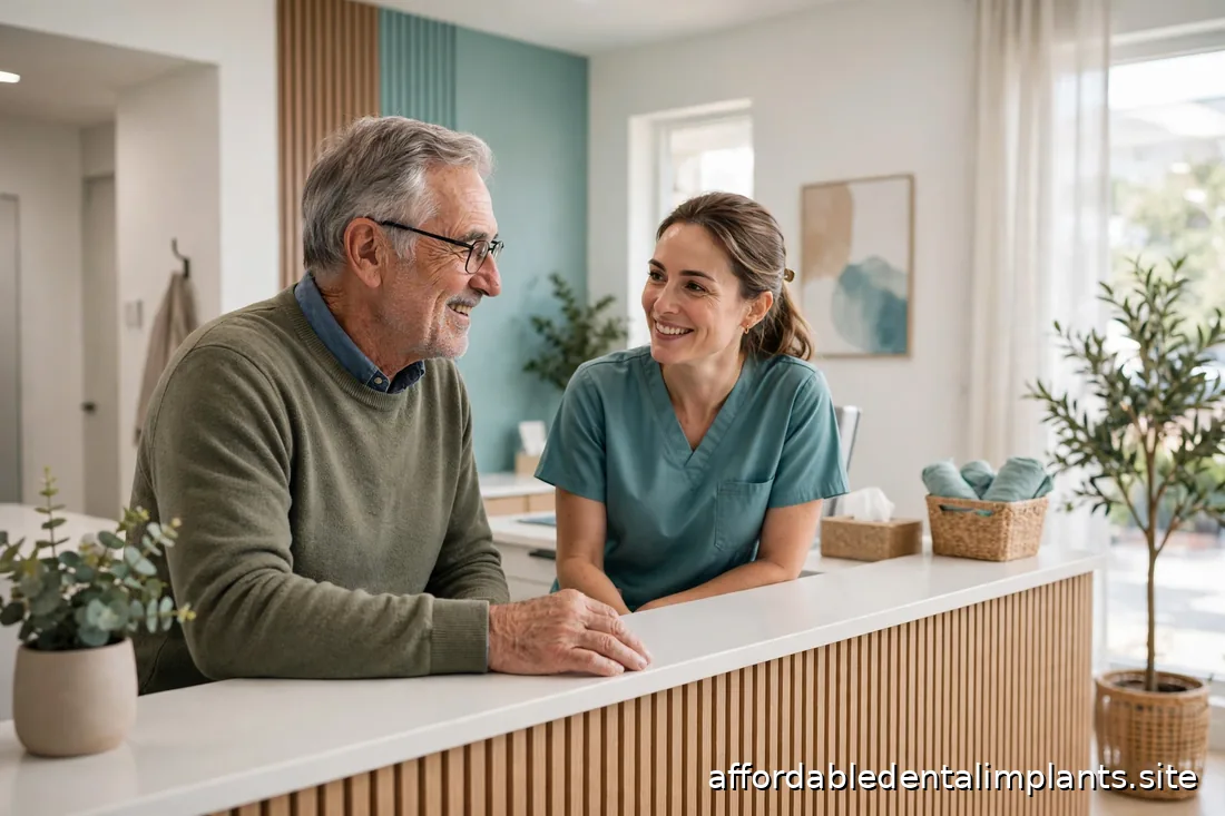 Older adult speaking with a dental office coordinator across a reception desk