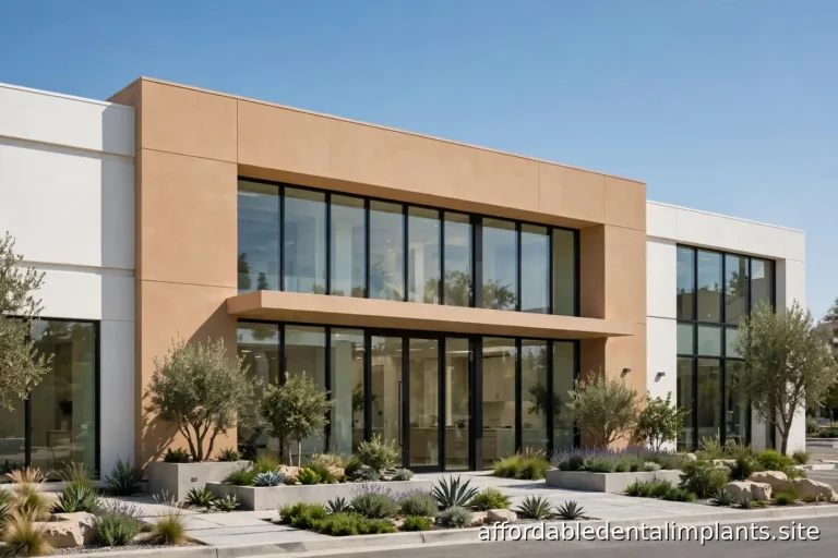 Modern dental office building exterior facade in bright daylight, no readable signage