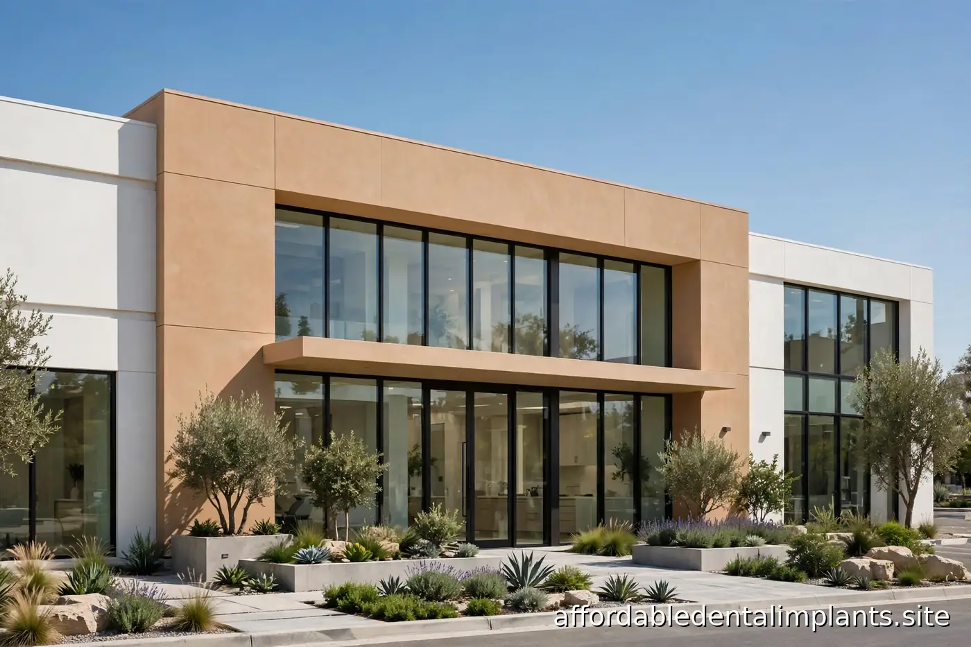 Modern dental office building exterior facade in bright daylight, no readable signage