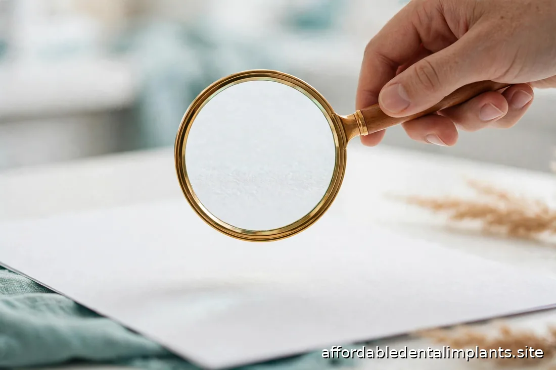 Magnifying glass over dental paperwork on a desk suggesting close reading of fine print, no readable text