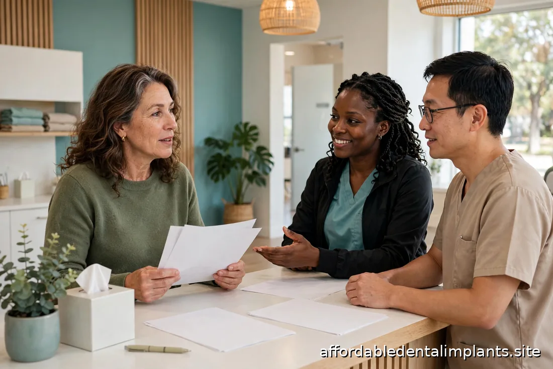 Patient discussing a printed treatment estimate with dental staff at a reception counter