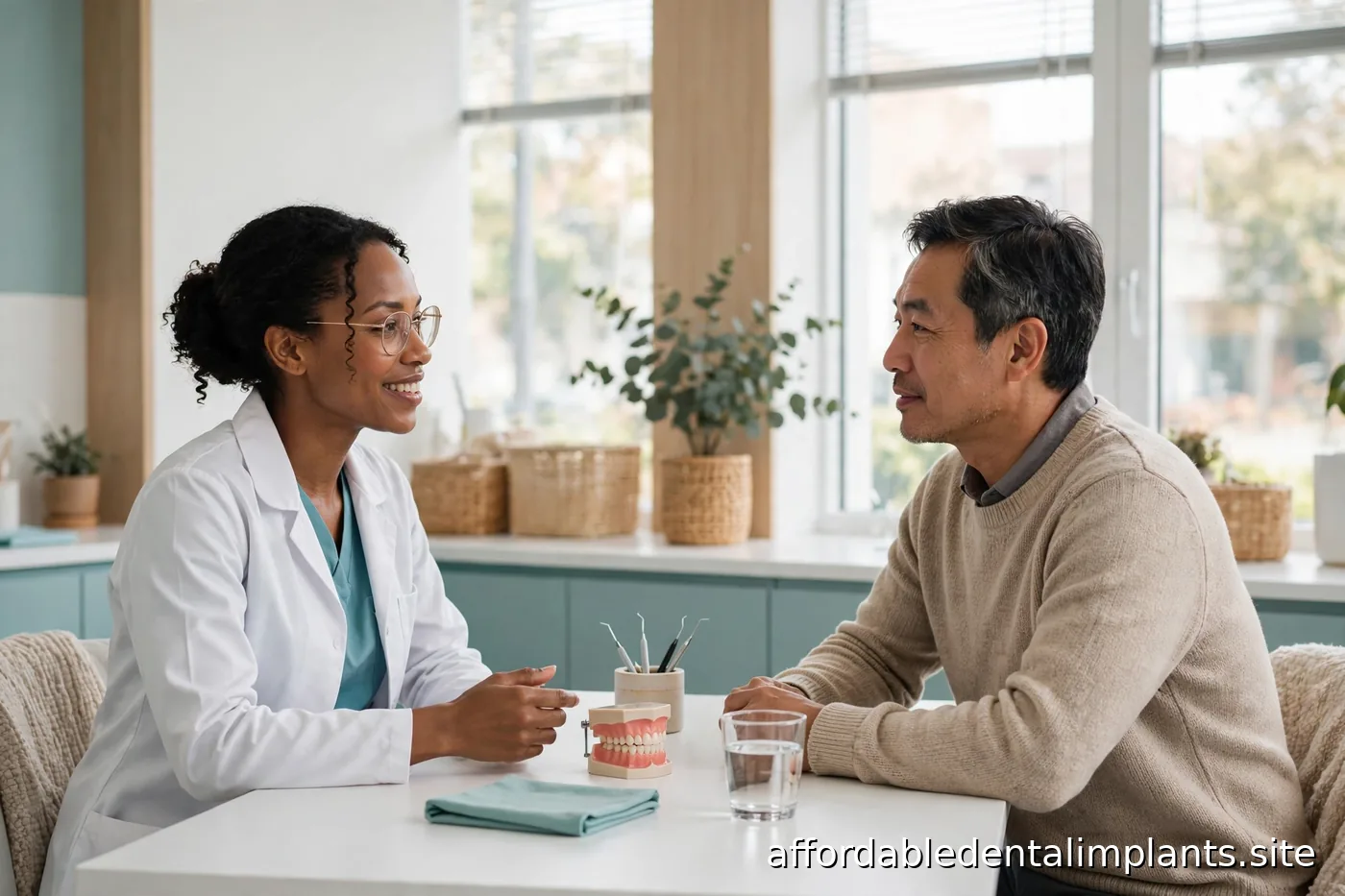 Dentist and patient talking across a desk in a bright dental consultation room with a model of teeth
