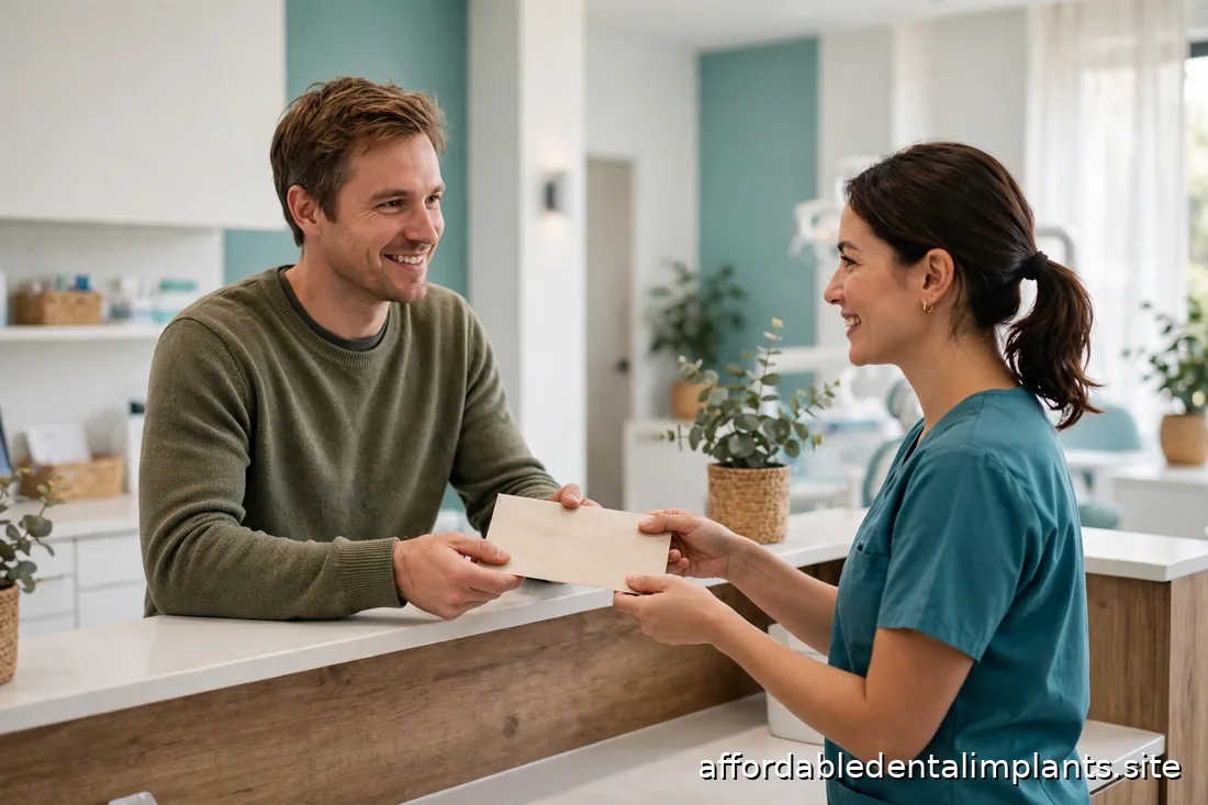 Patient handing a records envelope to reception staff at a dental office counter